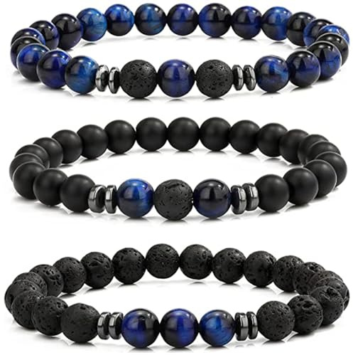 LOCCY Perlenarmband Herren, 3 Stück 8mm Perlenarmbänder Set Stretch Tigerauge Armband Lavastein Perlen Armband für Männer Fraun für Geburtstag Vatertag Weihnachten Geschenke