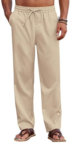COOFANDY Pantalones Largos para Hombre con Banda EláStica Pantalones De Verano Pantalones De Ocio Pantalones Tela Playa MonocromáTicos con Bolsillos Pantalones Caqui L