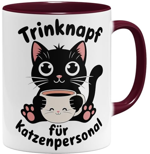 OM3® witzige Kaffee-Tasse mit Spruch - Trinknapf für Katzenpersonal - Katzenliebhaber Katze Katzenmama - Keramik Becher - 325ml - Beidseitig Bedruckt - Bordeaux