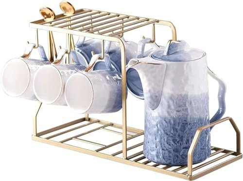 VNGBFGDFVN Juego de té de Porcelana Azul de 8 Piezas, Servicio de té de cerámica para Adultos, 1 Tetera, Juego de 6 Tazas de café con Soporte de Metal,