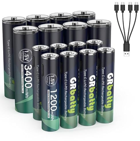 GRbatty Lot de 8 piles AA rechargeables 1,5 V 3400 mWh USB-C et 8 piles rechargeables au lithium AAA de 1200 mWh 1500 cycles
