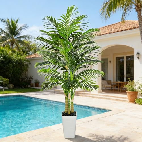 TXABL Artificial Golden Cane Palm Tree 7FT, Fake Palm Tree with Three Realistic Trunks and Lifelike Palm Leaves, Faux Palm Plant for Indoor Home Décor with White Planter