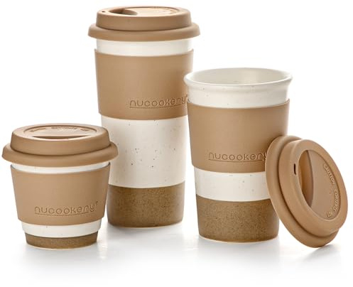 Nucookery Ceramic Travel Coffee Mug Set, Coffee Tumbler with Silicone Lid and Non-Slip Sleeve, Unique To Go Mug, Gifts for Women & Men, Microwave Safe Cappuccino, Tea, Latte, Iced-Coffee Cups, White