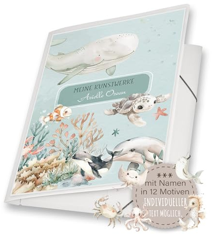 Zeichenmappe A4 oder A3 Schule Kindergarten Mappe personalisiert Namen Undersea Wassertiere Delfin Wal Orca Schildkröte Seepferd- Kunstwerke Erinnerungsmappe Sammelmappe Junge Mädchen