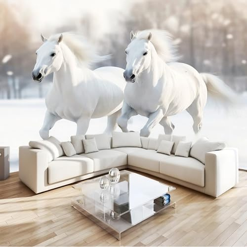 Papel Pintado 3D No Tejido Estilo Moderno Caballo Blanco Nieve – Fotomural Decorativo Para Salón, Dormitorio, Habitación Infantil, Estudio O Fondo De Tv 200 X 140 Cm Blanco Caballo