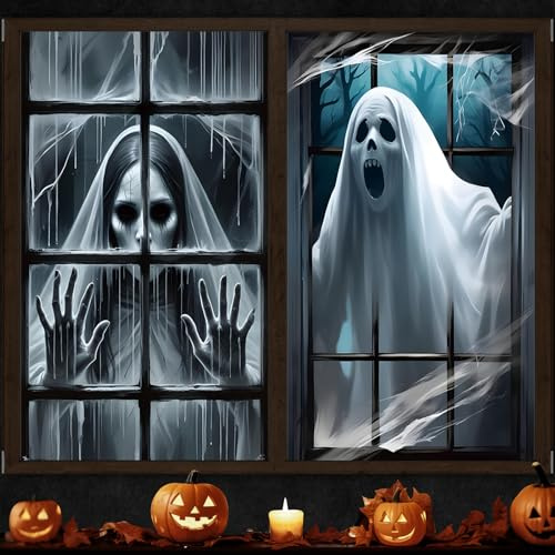2 Stück Halloween Deko Gruselig Fensterbilder, 120 x 80cm Halloween Horror Fenster Deko, Halloweens Fensterabdeckung, Gruselig Fensterbilder, Party Horror Deko Accessoires für Indoor Aussen