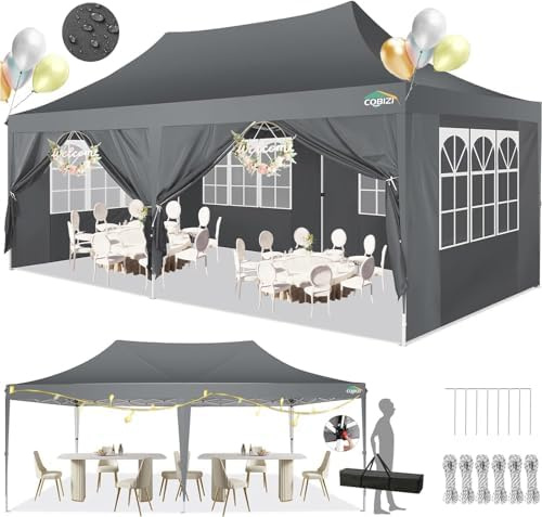 COBIZI Gazebo 3x6 Pieghevole Impermeabile con 6 Parete Laterale,Grigio | Gazebo Esterno resistente 3x6 per Feste Campeggio Spiaggia Giardino Commerciale, Tendone Portatile