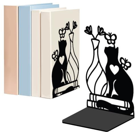 WADORN 1 Paar Vase Katze Blume Metall Dekorative Buchstütze Für Regale Robuste, Buchstützen Moderner Rutschfester Bücherhalter Schwarzer Buchstützenstopper Für Das Büro 13.5x11x20cm