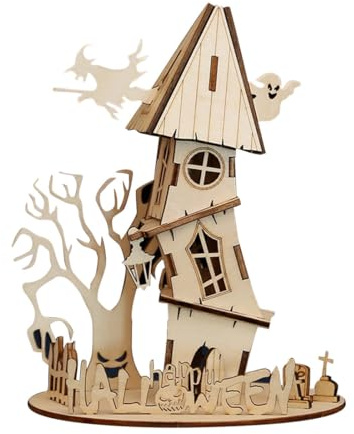 Modèle de maison d'Halloween 3D en bois à construire, pour adolescents et amateurs d'artisanat, parfait pour la décoration d'intérieur (version kit/33 pièces)