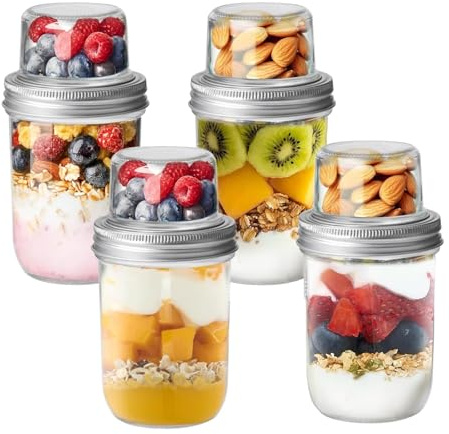 Overnight Oats Jar with Lids, 100ML+500ML Dual-Layer Glass Overnight Oat | Mason Jars for Dry-Wet Separation, for Oatmeal Yogurt Pot Jelly Salad Grains Nuts Fruits Pots (4)
