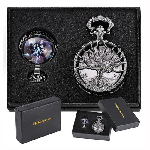 Tiong Vintage Hollow Tree of Life Design Pocket Watch and Pendant, Classic Black Quartz Roman Numeral Pocket Watches with Chain for Men Women Birthday Graduation