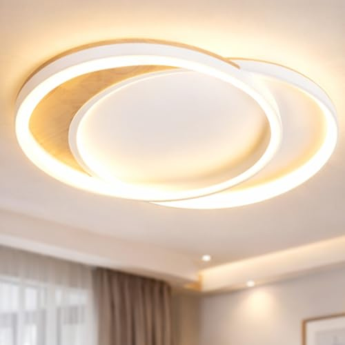 Deckenlampe Wohnzimmer LED Deckenleuchte Massivholz 48 cm, 2 Ringe, 42W, dimmbar Fernbedienung, Nachtlicht & Memory-Funktion, Moderne Deckenbeleuchtung für Schlafzimmer, Küche, Flur, Esszimmer, Büro