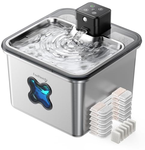 Cat Water Fountain Wireless + 6 Filters: [Visual Filter] & [Heavy-Duty Stainless Steel] FEELNEEDY- Premium, 3.2L/108oz, 4000mAh Battery Operated Pet Fountain with Sensor, for Cats and Dogs
