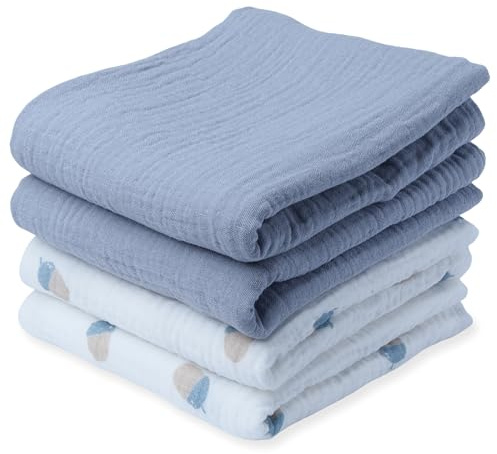 tiny ton Baby muslindukar | dregellappar – 100 % GOTS ekologisk bomull, set om 4 (60 x 60 cm), mjuk, absorberande och andas. Mångsidiga spottdukar – för att gosa, rengöra och täcka (blå)