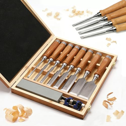 Gouge a Bois,Ciseaux à Bois Professionnels,Ensemble De 8,Comprenant Une Pierre à Aiguiser Et Un Guide d'Affûtage,Outils De Sculpture,Adaptés Aux Débutants Et Aux Professionnels Du Travail Du Bois