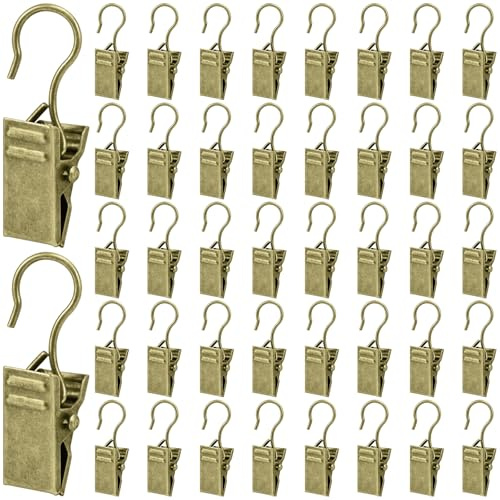 JAXICREY 60 Pcs Curtain Clips, Metal Decorative Hanging Clips, Antique Brass Curtain Clip with Hooks, Clip Hooks for Bathroom, Shower Curtains, Drapery Window, Decorations, Home Kitchen, Photo Decors