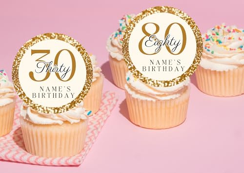 20 x 5cm Edible personalised ANY AGE Birthday theme Birthday cupcake toppers NOT-PRECUT 16th/18th/21st/30th/40th/50th/60th/70th/80th (Wafer paper, Gold)