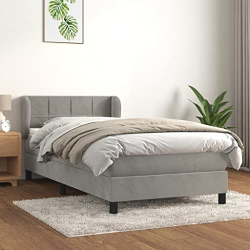 Owoxanthellate Boxspringbett 90x200 cm Hellgrau Samt mit Matratze und Topper höhenverstellbares Kopfteil Einzelbett Modernes Design für Schlafzimmer und Gästezimmer