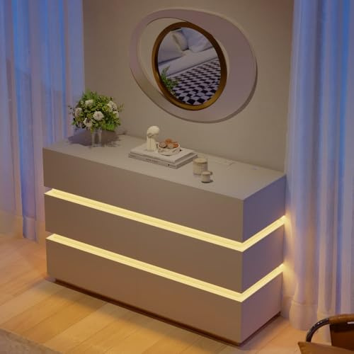 Homary Glass Top Dresser Walk-in Closet Island, 153CM Closet Island Chest of Drawers for Bedroom with Jewellery Storage, Drawers and Cabinet for Bedroom Organisation (White, Storage & LED Light)