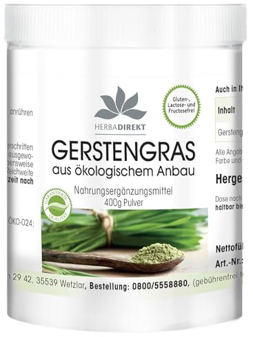 Gerstengras aus ökologischem Anbau - 400g Pulver - 100% pur ohne Zusatzstoffe - hochdosiert - vegan| HERBADIREKT by Warnke Vitalstoffe - Deutsche Apothekenqualität