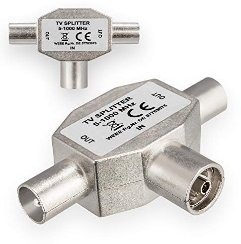 HB-DIGITAL Distribuidor de TV para cable DVB-C + recepción terrestre Divisor de TV DVB-T2 Divisor de TV de 2 vías Adaptador en T Carcasa de metal Antena de TV 1x entrada hembra IEC 2x salida macho IEC