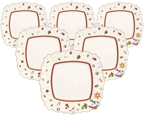 Villeroy & Boch Toy's Delight Eckiger Speiseteller 6er Set, 28 x 28 cm, Weihnachtsgeschirr, Essteller mit Weihnachts-Dekor, Premium Porzellan, Weiß