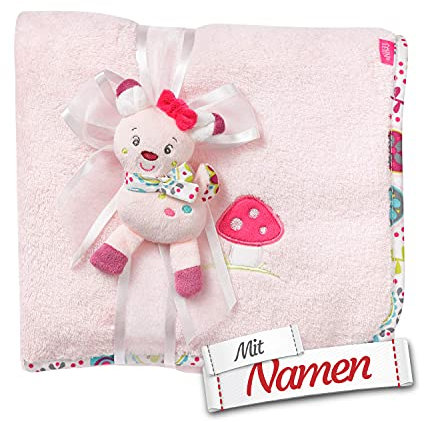 Fehn Rehkitz Schmusedecke mit Namen personalisiert (Bestickt), Rosa, Kuscheldecke, als Krabbelunterlage, Schnuffeltuch oder Zudecke, 100x75 cm, Mädchen