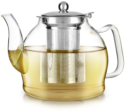 Teabloom Dublin Glass Teapot – Fine Borosilicate Glass – Stovetop and Microwave Safe – Removable Stainless Infuser – Ideal for Loose Leaf Tea – Large Capacity – 40 oz. / 1200 ml (4-5 Cups)
