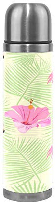 BKEOY Mug de voyage isotherme en acier inoxydable à double paroi anti-fuite Bouteille Rose Flamant Hibiscus Imprimé personnalisé en cuir véritable 500 ml