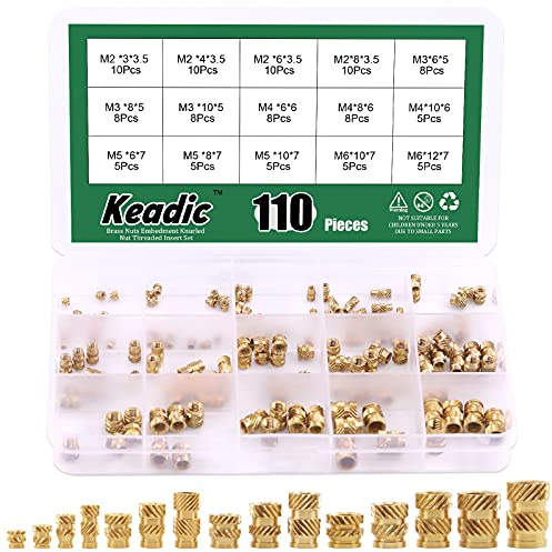Keadic 110 Stück M2 M3 M4 M5 M6 Messing Einbettmutter Sortiment Kit Innengewinde Messing Rändelmuttern Gewinde Heat Set für Befestigung Befestigung Spritzguss und Druck 3D-Drucker