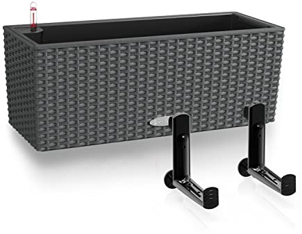 Lechuza Selbstbewässernder Topf BALCONERA Cottage 50 Granit Kunststoff Balkon Übertopf für Geländer Rattanoptik Pflanzgefäß H19 L50 B19cm Bundle mit schwarzen Balkonhalterungen