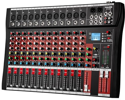 FULUODE 12 Channel Mixer Audio Console, CT-120S Professional Music Mixer DJ Mixing Board with Reverb Bluetooth MP3 Player 48V Phantom Power Supply USB Recording for Studio Karaoke Live Performance