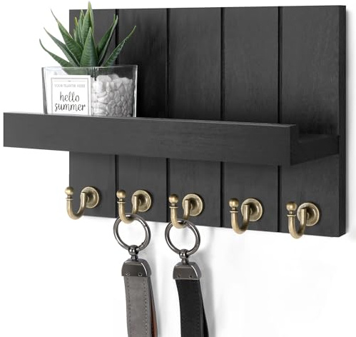 Rebee Vision Farmhouse Key Holder Wall Mount - Modern Key Holder for Living Room and Mail Organizer with Shelf & Hooks for Apartment Essentials - Home Decor Aesthetic (Black, 3.54D x 10W x 7.28H)