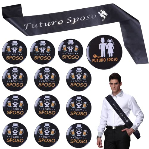 14pz Addio al Celibato Gadget - Fascia Futuro Sposo+Spilla Sposo+12pcs Amico dello Sposo,Idea Regalo Addio Celibato Festa Matrimonio Nozze Addio al Celibato Party Accessori Matrimonio