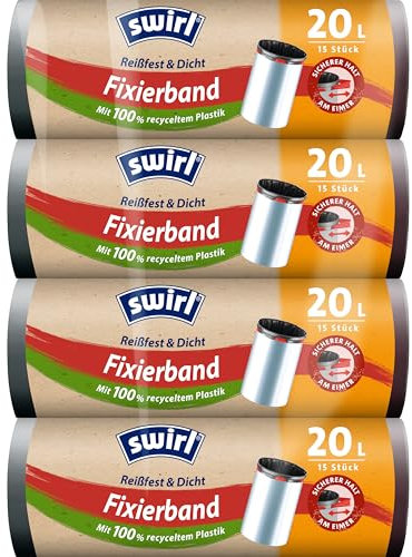 Swirl Reißfest & Dicht Fixierband Müllbeutel 20 l (4 x 15 Beutel), tropfsichere Müllsäcke für den Hausmüll, reißfeste Mülltüten für sicheren Halt am Mülleimer