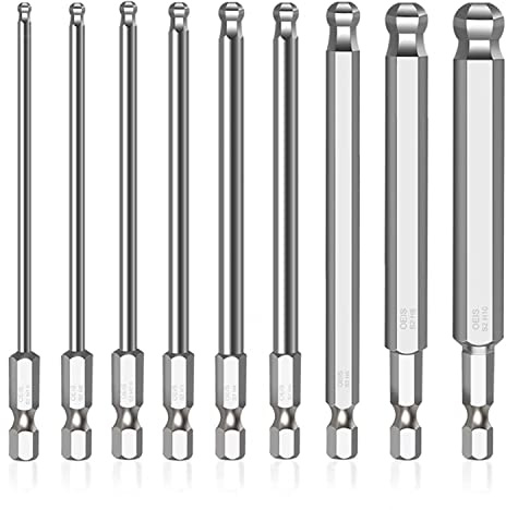9 stück Hex Schraubendreher Bit Satz Lang | Kugelkopf Sechskant Schraubendreher Bits Set, 100mm S2 Legierter Stahl Schraubendreher Schlitz Kugelkopf
