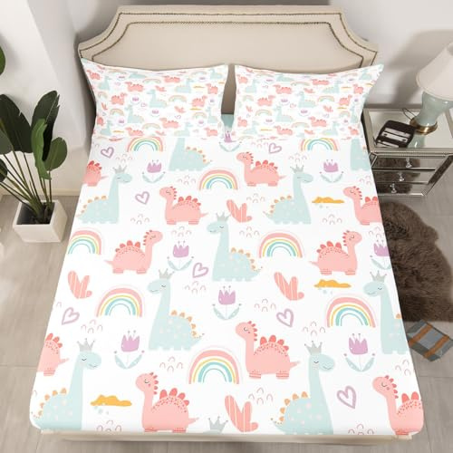 Cartoon Dino Fitted Sheet Twin, Pink Green Dinosaur Bedding Set Cute Jungle Dino Bed Sheet Set for Kids Boys Girls Cute Rainbow Bed Cover with 1 Pillow Case (No Flat Sheet)