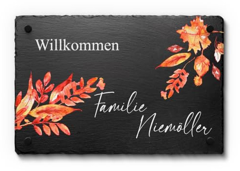 Schiefer Tafel Namensschild mit buntem UV Druck - Hausnummer Türschild mit Familiennamen und vielen schönen Designs - Größe bis 30x20 cm