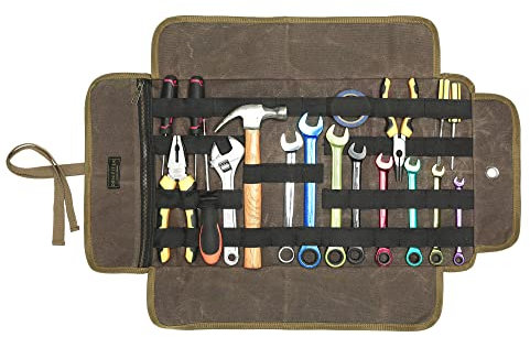 Werkzeugrollen aus gewachstem Segeltuch mit Verschluss der Segeltuchbänder, Werkzeugtasche mit Gummiband, 1 Tasche mit Reißverschlussfächern (Grau)