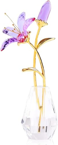 Movdyka Lila Kristall rosa Lilie Blume Figur mit Stielen – Handgemachte Sammlerstück Statue für Dekoration Muttertag Mittelstück Valentinstag Brautparty Geschenk