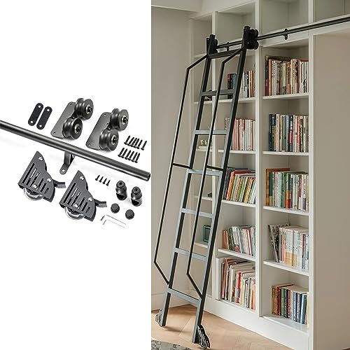 3.3ft-26.2ft Sliding Library Ladder Hardware Rolling Track Kit For Wooden Ladder(No Ladder), Black Round Tube Mobile Ladder Track Full Set Of Hardware Track, Brake Bottom Wheels (Size : 23ft/700cm tr