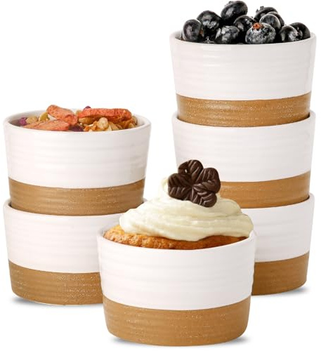 Hasense Ramekins 8 oz Oven Safe, Porcelain Ramekins Dessert Bowls Set of 6, Creme Brulee Souffle Dishes Custard Cups for Baking, Pudding, Pot Pie, Snack, Dipping Sauces, White