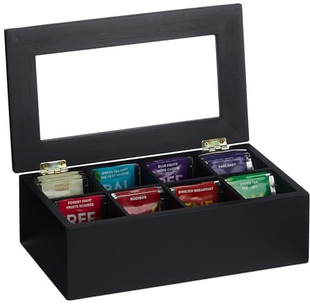 Relaxdays Scatola Porta tè e Tisane, 8 Scomparti per Capsule caffè, Cofanetto con Coperchio, 9x28x16 cm, bambù, Nero, 9 x 28 x 16 cm