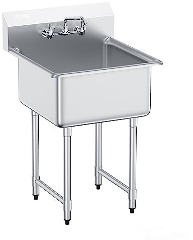 VEVOR Stainless Steel Prep & Utility Sink, 1 Compartment Free Standing Small Sink Include Faucet & Legs, 27x24 Commercial Single Bowl Sinks for Garage, Restaurant, Kitchen, Laundry