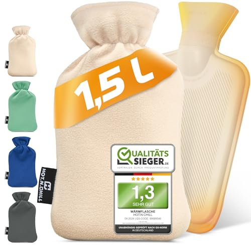 HOT.N.CHILL® Premium Wärmflasche mit Bezug I 1.5L I Extra weich & kuschelig I Wärmeflasche groß aus Naturkautschuk auslaufsicher & getestet I Hot Water Bottle I Bettflasche für Erwachsene & Kinder