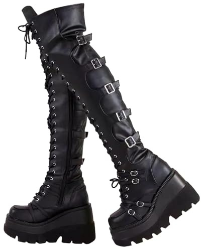 EGSDMNVSQ Cuissardes à Plateforme Pour Femme - Bottes d'Hiver Noires Gothiques Punk à Lacets - Hautes à Fermeture Éclair Avec Talon Bloc - Tige Longue