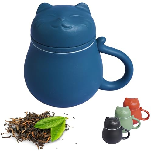 Kicura Keramik-Teetasse 400 ml mit Deckel und Sieb, Katzen-Design, für losen Tee und Kräutertee (Blau)