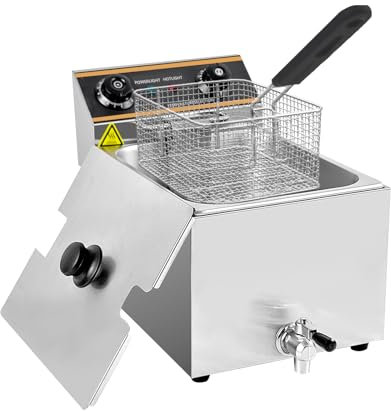 MOOTACO Electric Deep Fryer,6L Countertop Fryer with Drain Tap,2500W Stainless Steel Fryer,Single Tank with Lids&Basket for Home Restaurant Kitchen