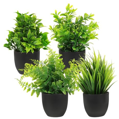 VANZACK Artificial Bonsái en Maceta 4 Piezas de Plástico para Decoración | Aspecto Realista y Natural, para Hogar y Dormitorio, Conjunto Compacto Acabado Negro