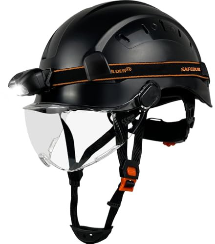 SAFEBUILDER Safety Helmet with Headlight,Safety Hard Hats with Visor,Rechargeable Headlamp for Men Work Industrial,Construction,Forestry (Black-Clear Visor-SHL01 Lamp)